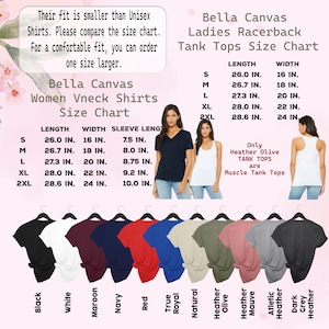 May include: A size chart for Bella Canvas women's V-neck shirts and ladies racerback tank tops. The chart displays measurements in inches for length, width, and sleeve length. Various shirt colours are displayed below the size chart, including black, white, and red.