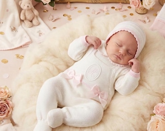Neugeborenen Strickwaren Weiß Rosa Personalisierte Mädchen erste Outfit für Krankenhaus Baby Kleidung Made Spain