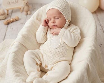 Going home Newborn Neutral First Outfit Spanish Newborn knitwear Primera Puesta knit clothing baby knitted footie
