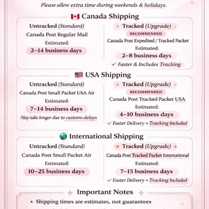 May include: A pink and white graphic with shipping and delivery information. It details processing times, shipping options for Canada, the USA, and international destinations, and important notes about shipping estimates and tracking.