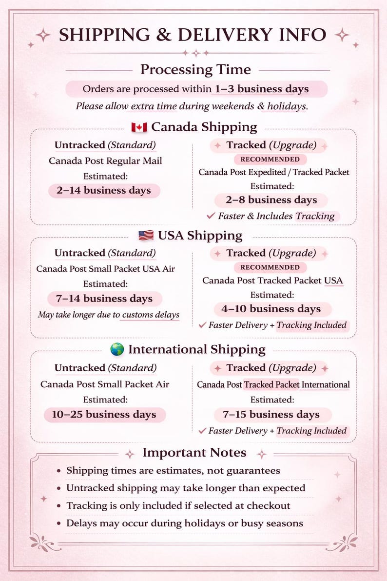 May include: A pink and white graphic with shipping and delivery information. It details processing times, shipping options for Canada, the USA, and international destinations, and important notes about shipping estimates and tracking.