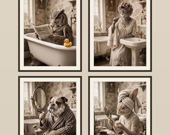 Divertido juego de 4 láminas decorativas vintage de animales para baño, animales caballerosos imprimibles, búho, gato, bulldog, conejo, decoración de baño, descarga digital instantánea