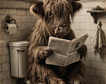 Juego de 4 láminas decorativas divertidas para el baño con motivos de animales: vaca de las Tierras Altas, león, jirafa y elefante en el inodoro. Decoración vintage para el baño, regalo divertido para él.