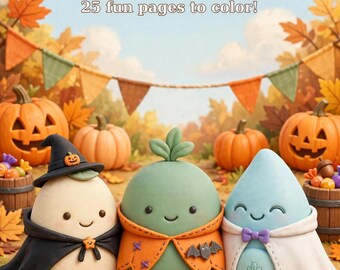Puede incluir: Pebble & Friends Halloween Coloring Pack con 25 páginas divertidas para colorear. Tres personajes lindos con disfraces frente a calabazas, hojas de otoño y dulces. Llevan un sombrero de bruja y capas de color naranja y blanco.