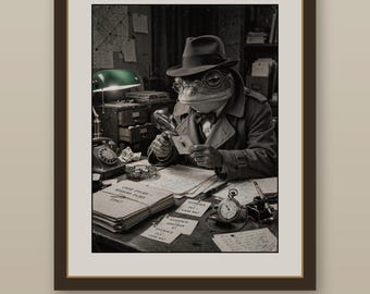 Juego de 4 láminas decorativas vintage de ranas para pared, elegantes láminas de ranas, rana detective, pianista, jardinero y artista, decoración de pared original para imprimir, descarga instantánea.