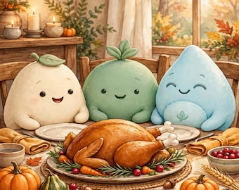 Puede incluir: Tres personajes de peluche redondos y sonrientes en color crema, verde claro y azul claro sentados a una mesa con un pavo asado, rodeados de calabazas, hojas de otoño, un cuenco de arándanos y un trozo de mantequilla.