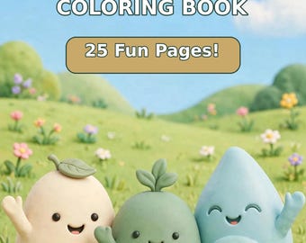 Puede incluir: Un libro para colorear titulado Pebble & Friends con el subtítulo COLORING BOOK y el texto 25 Fun Pages! La portada muestra un sol amarillo y tres personajes redondeados y sonrientes en beige, verde y azul sobre un campo.