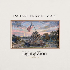 May include: A rectangular digital art display featuring an oil painting style depiction of the Iwo Jima memorial statue with an American flag, set against a sunset sky with the Washington Monument in the distance. Text reads INSTANT FRAME TV ART.