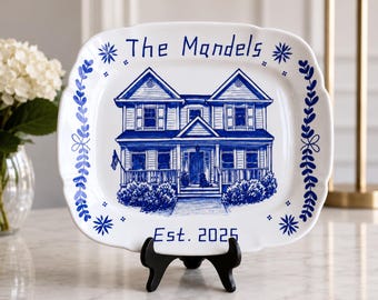 Custom House Portrait Plate, Personalized Family Name Platter, Blue Chinoiserie Ceramic Plate, Wedding Housewarming Gift, New Home P725MEK0