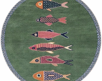 Hand Knotted Round Fish Rug - Coastal Style Nautical Rug for Kids Room -Teal Green Geometric Fish Pattern Wool Carpet- Circular Entryway Rug