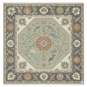 Sage Green Square Oushak Rug - Hand Knotted Wool Rug with Charcoal Border - Modern Medallion Square Area Rug for Entry, Office, Living Room