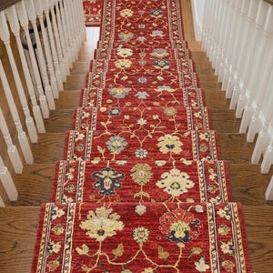 Ręcznie tkany czerwony dywanik – tradycyjny wełniany dywanik do przedpokoju Oushak – jasnorubinowy dywanik do przedpokoju – długi, wąski, kwiatowy dywanik kuchenny