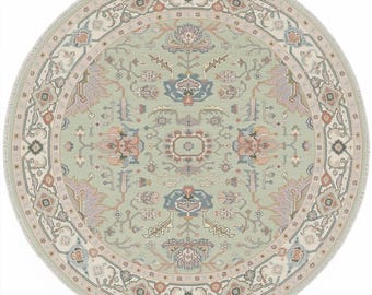 Sage Green Round Oushak Rug - Hand Knotted Circular Wool Rug - Muted Pastel Floral Medallion Area Rug for Nursery, Bedroom, Elegant Entryway