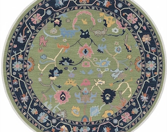 Authentic Hand Knotted Round Rug - Sage Green and Navy Blue Wool Carpet - 4ft 5ft 6ft Circular Area Rug - Premium Floral Design for Entryway