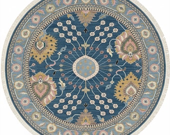 Hand-Knotted Round Wool Rug: 8x8 10x10 Deep Blue and Gold Circular Floral Oushak Area Rug for Entryway & Dining Room
