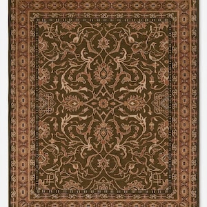 May include: A rectangular, olive green rug with an intricate floral pattern in shades of beige and brown. The rug has a detailed border with geometric and floral motifs, and a fringed edge. The rug's design is symmetrical and traditional.
