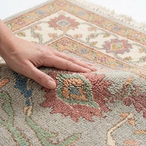 May include: Close-up of a detailed area rug with a floral pattern. The rug features a soft, muted color palette of beige, pink, blue, and green. The design includes intricate floral motifs and a fringed edge, showcasing a traditional style.