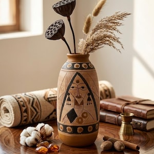 Puede incluir: Un jarrón de cerámica decorativo con un diseño de rostro tribal, que contiene vainas de loto secas y trigo. El jarrón es marrón con detalles en negro y está sobre una mesa de madera con otros objetos decorativos.