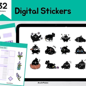 May include: Digital stickers featuring crow illustrations, displayed on a tablet. The image includes a teal background with the text "Digital Stickers" and "32 Stickers." Two notepads with purple and green accents are also visible, with the text "Crow Set" and "AvalinMakes."