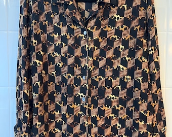 Blusa vintage 100% seda con estampado geométrico de leopardo, talla pequeña, estilo años 90, abstracto.
