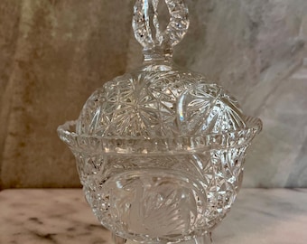 Vintage Hofbauer Byrdes Lead Crystal Lidded Candy Dish Etched Birds Footed Germany