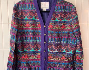 Marynarka vintage Adrianna Papell Safe Silk, rozmiar 14, w stylu paisley, w maksimistycznym kolorze klejnotów, fioletowo-morski, lata 80. i 90.