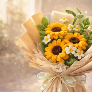 May include: A bouquet of crocheted sunflowers and small white flowers wrapped in tan paper. The sunflowers have yellow petals and brown centres. The bouquet is tied with a sheer ribbon.