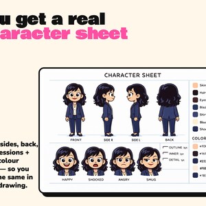 May include: A character sheet featuring a cartoon person with dark hair in a navy blue blazer and trousers. It displays front, side, and back views, four facial expressions, and a color palette with hex codes. Text includes "You get a real character sheet" and "Front, sides, back, 4 expressions + exact colour codes &mdash; so you look the same in every drawing."