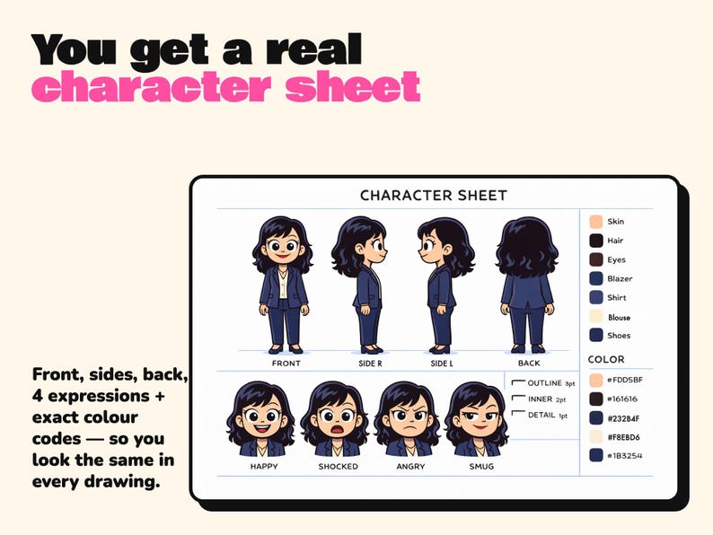May include: A character sheet featuring a cartoon person with dark hair in a navy blue blazer and trousers. It displays front, side, and back views, four facial expressions, and a color palette with hex codes. Text includes "You get a real character sheet" and "Front, sides, back, 4 expressions + exact colour codes &mdash; so you look the same in every drawing."