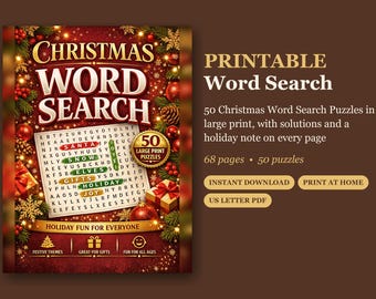Könnte beinhalten: Ein druckbares Weihnachts-Wortsuchrätsel-Buchcover mit einem Buchstabenraster und hervorgehobenen Wörtern wie SANTA, SNOW, ELVES, GIFTS, HOLIDAY und JOY. Das Design zeigt rote Weihnachtskugeln, Tannenzweige und Geschenke mit dem Text 50 LARGE PRINT PUZZLES.
