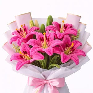 May include: A bouquet of vibrant pink lily flowers crafted from yarn, featuring prominent yellow stamens and dark red anthers. The flowers are arranged with green stems and buds, wrapped in layers of light pink and white paper, tied with a pink ribbon.