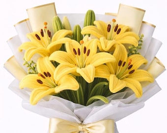 Könnte beinhalten: Ein Blumenstrauß aus leuchtend gelben Lilien aus Stoff mit dunkelbraunen Staubgefäßen und grünen Stielen. Die Blumen sind in weißes Papier mit cremefarbenen Akzenten eingewickelt und an der Basis mit einem cremefarbenen Satinband gebunden.