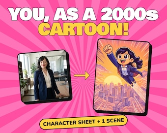 Könnte beinhalten: Eine digitale Grafik mit dem Text YOU, AS A 2000s CARTOON! und CHARACTER SHEET + 1 SCENE. Sie zeigt ein Foto einer Person im Blazer neben einer Illustration einer Zeichentrickfigur, die bei Sonnenuntergang über eine Stadt fliegt.