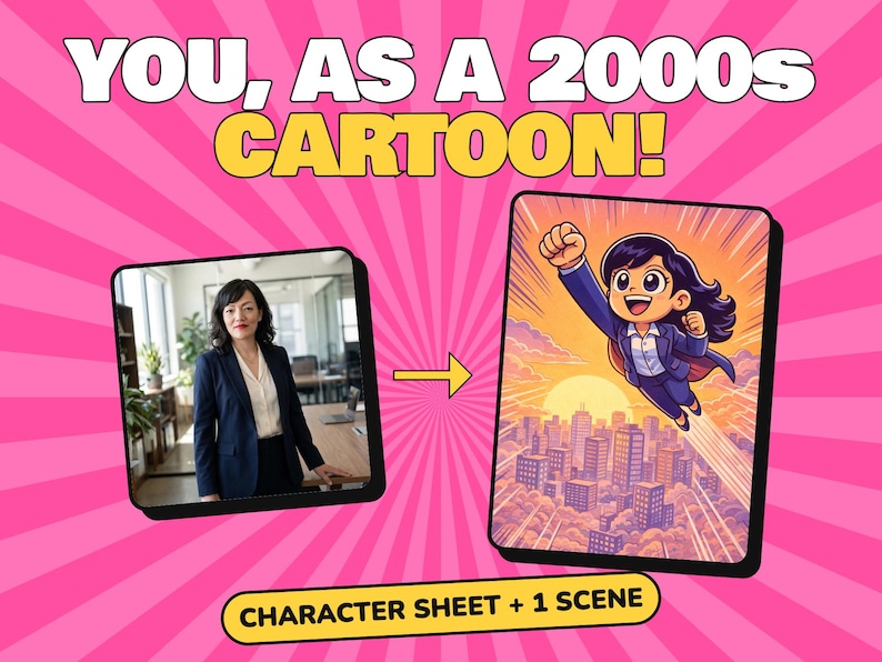 May include: A digital graphic featuring the text YOU, AS A 2000s CARTOON! and CHARACTER SHEET + 1 SCENE. It displays a photograph of a person in a blazer next to an illustration of a cartoon character flying over a city at sunset.