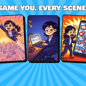 May include: Three rectangular panels featuring a cartoon character in a blue suit. The text SAME YOU. EVERY SCENE. appears at the top. The character is shown flying over a city, working at a laptop, and reacting to a smartphone with many notifications.