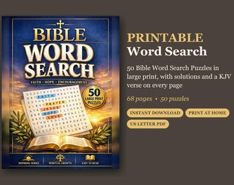 Könnte beinhalten: Ein digitales Produktcover für ein biblisches Wortsuchrätsel-Buch mit Sonnenuntergangshintergrund, einer aufgeschlagenen Bibel und einem Wortsuchgitter. Der Text umfasst BIBLE WORD SEARCH und 50 LARGE PRINT PUZZLES.
