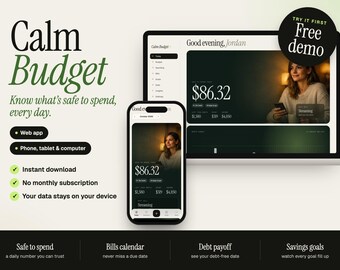 Könnte beinhalten: Eine digitale Benutzeroberfläche für die Calm Budget-Anwendung auf einem Laptop und Smartphone. Der Bildschirm zeigt Finanzdaten, einschließlich eines verfügbaren Betrags von 86,32 $, sowie Hinweise zur Kompatibilität mit Web, Telefon und Computer.