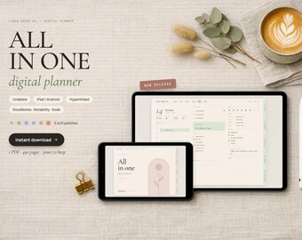 Könnte beinhalten: Ein digitaler Planer auf einem Tablet und Smartphone mit dem Text ALL IN ONE digital planner. Der Bildschirm zeigt eine Kalenderoberfläche mit einer sanften Farbpalette, daneben ein Eingabestift, eine goldene Büroklammer und eine Kaffeetasse.