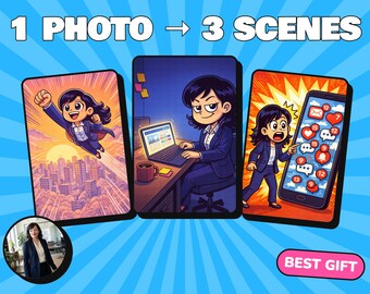 Könnte beinhalten: Eine grafische Darstellung mit dem Text 1 PHOTO -> 3 SCENES und BEST GIFT. Sie zeigt drei Cartoon-Illustrationen einer Person im Anzug: fliegend über einer Stadt, arbeitend an einem Laptop und reagierend auf ein Smartphone mit vielen Benachrichtigungen.