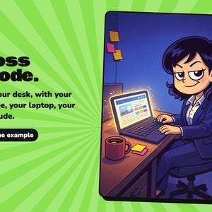 May include: A digital illustration featuring the text Boss mode. At your desk, with your coffee, your laptop, your attitude. Scene example. The image shows a person in a dark blue suit sitting at a desk with a laptop and a coffee mug.