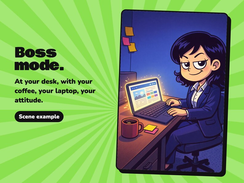 May include: A digital illustration featuring the text Boss mode. At your desk, with your coffee, your laptop, your attitude. Scene example. The image shows a person in a dark blue suit sitting at a desk with a laptop and a coffee mug.
