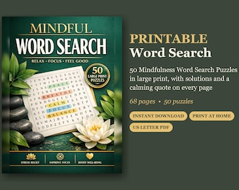 Könnte beinhalten: Ein Mindful Word Search Buchcover mit einem Gitter, das die hervorgehobenen Wörter BREATHE, CALM, FOCUS und BALANCE enthält. Das Design zeigt eine weiße Lotusblüte, gestapelte graue Steine und grüne Blätter auf dunkelgrünem Grund.