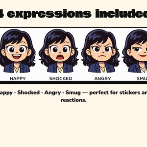May include: A digital illustration featuring four cartoon character heads with dark wavy hair and blue blazers. The expressions are labeled Happy, Shocked, Angry, and Smug. The text 4 expressions included is at the top, and Happy, Shocked, Angry, Smug is at the bottom.