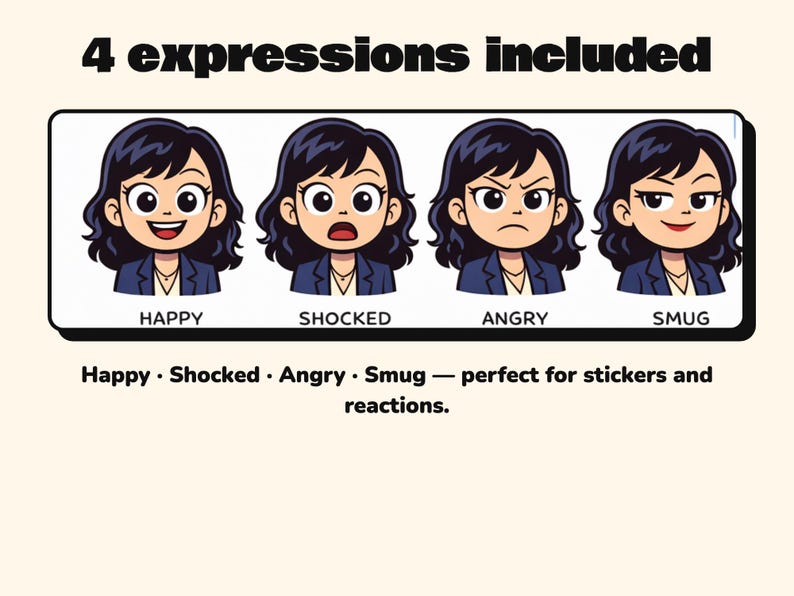 May include: A digital illustration featuring four cartoon character heads with dark wavy hair and blue blazers. The expressions are labeled Happy, Shocked, Angry, and Smug. The text 4 expressions included is at the top, and Happy, Shocked, Angry, Smug is at the bottom.