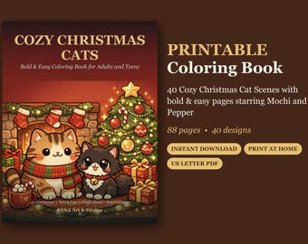 Könnte beinhalten: Ein druckbares Malbuch mit dem Titel Cozy Christmas Cats, das 40 einfache und kräftige Szenen mit Mochi und Pepper enthält. Das Cover zeigt zwei Katzen vor einem Kamin und einem Weihnachtsbaum, mit 88 Seiten und 40 verschiedenen Motiven.