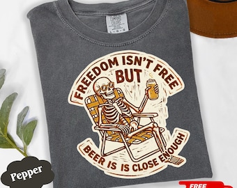 Sarcastic USA Shirt Skeleton Beer Tee, Funny Freedom Shirt, Vintage Beer Dad Tee, Red White Brew USA 250th T-Shirt