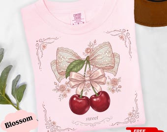 Summer Coquette Tee Retro Cherry T-Shirt, Vintage Cherry Shirt, Floral Bow Shirt, Feminine Graphic Tee, Soft Girl Outfit, Cherry Lover Gift