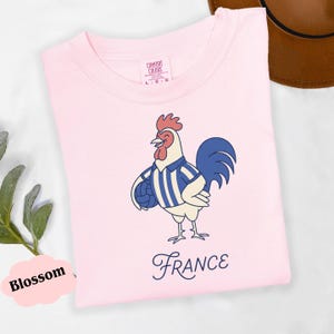 May include: A pale pink t-shirt with a cartoon rooster wearing a blue and white striped jersey and holding a blue ball. The word "France" is written in cursive below the rooster. The shirt is labeled "Comfort Colors".