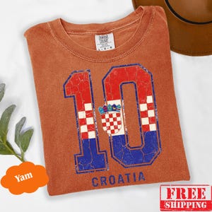 Puede incluir: Una camiseta de manga corta color &oacute;xido con un gr&aacute;fico grande y desgastado del n&uacute;mero 10 con un patr&oacute;n de cuadros rojos y blancos y detalles azules. El dise&ntilde;o incluye el escudo de armas croata y la palabra CROATIA impresa debajo.