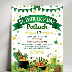 May include: A St. Patrick's Day Potluck invitation with green and gold accents. The design includes a green banner with the text "St. Patrick's Day Potluck", shamrocks, and gold coins. The invitation provides event details.